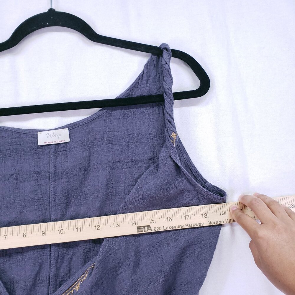 Wrap Designed in London Blue Gray Linen Blend Embroidery Wrap Mid Dress 8 - Picture 5 of 16